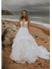 Plunging Neck Ivory Lace Tulle Ruffled Wedding Dress